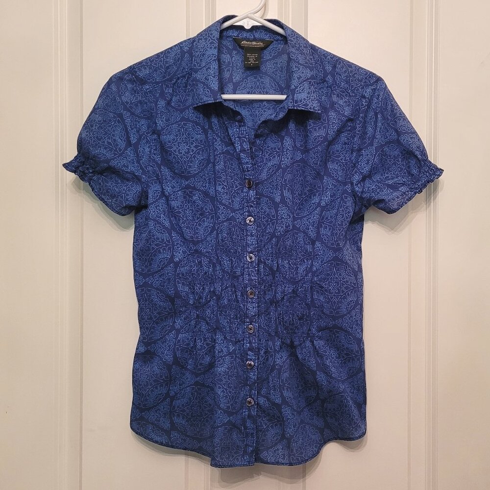 Eddie Bauer Blue Printed Short Sleeve Button Down Shirt